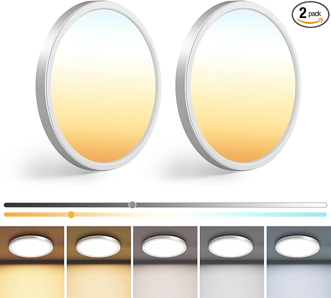 zemty 2Pack 7 inch Small White LED Flush Mount Ceiling Lights, Dimmable 5 Color Temp (3000K-6500K), 1500LM 15W Round Recessed Light Fixture for Closet Kitchen Bathroom Bedroom