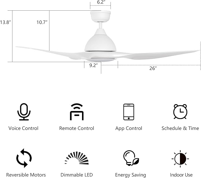 SMAAIR Smart Ceiling Fan with Remote Control, 52 Inch Indoor Low Profile Modern Ceiling Fans with Dimmable LED Light Kit, Timer with 10 Speeds, Works with Alexa/Google Assistant/Siri Shortcut,White