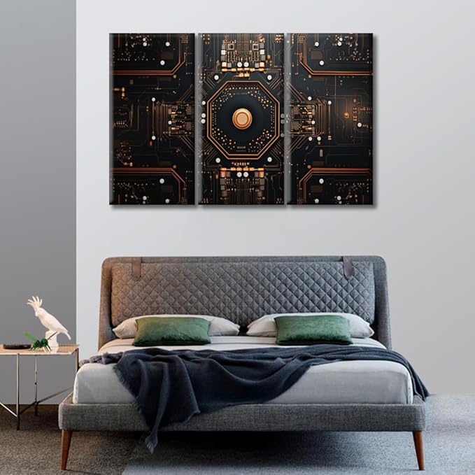 Advanced Electronic Circuit Modern Wall Art 3 Panels Computer Processors CPU Picture Contemporary Artwork Print On Canvas Bedroom Wall Art for Living Room Framed Ready to Hang 60"Wx40"H