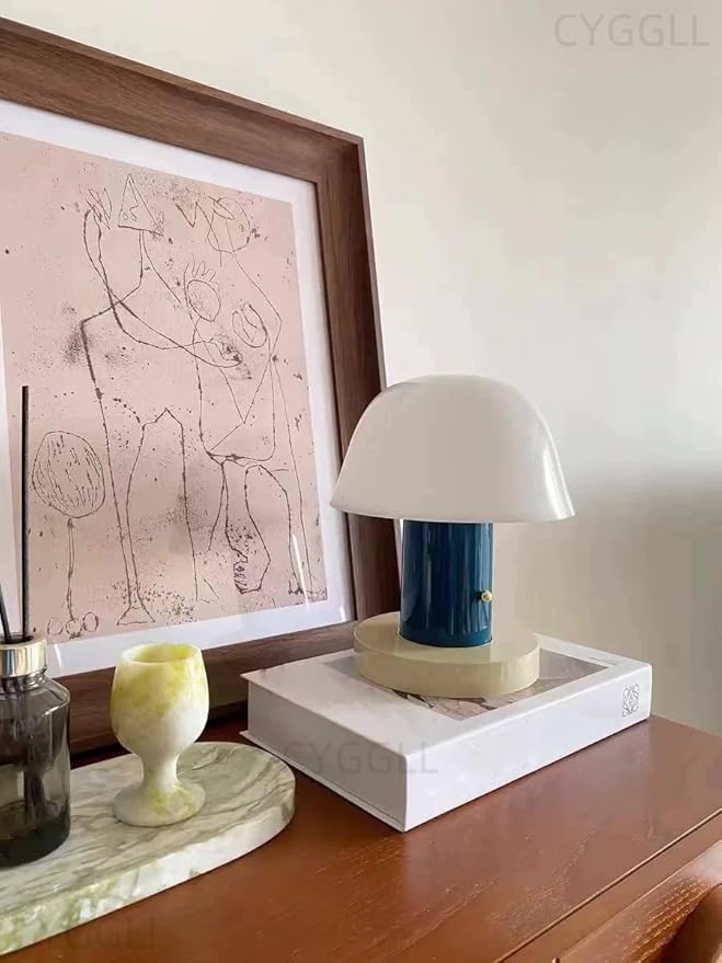 Mushroom Table Lamp Modern Dimmable Night Light Cordless Touch Rechargeable Desk Lamp Nordic Minimalist Retro Nightstand Bedside Lamps for Bedroom Living Room(Blue)