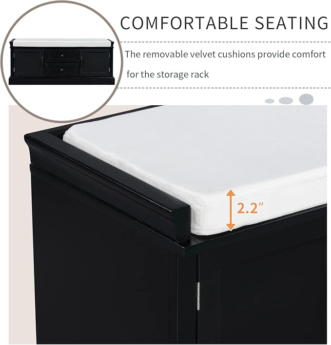 Knocbel 42.5" Entry Storage Bench with Removable Cushion, 2 Drawers and 2 Cabinets, Entryway Hallway Foyer Shoe Bench End of Bed Bench with Aluminum Handles, 200lbs Weight Capacity (Black)