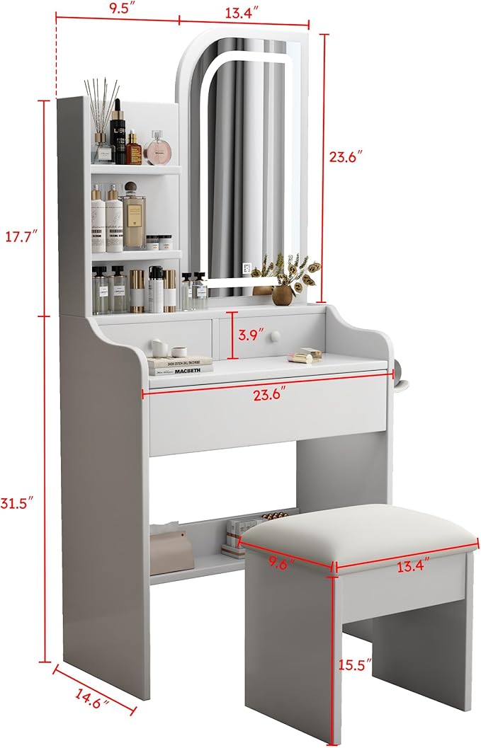 Small Makeup Vanity Desk with Mirror and Lights, Vanity Table Set with Storage Drawer, 3 Lighting Colors, Dressing Table for Bedroom, White