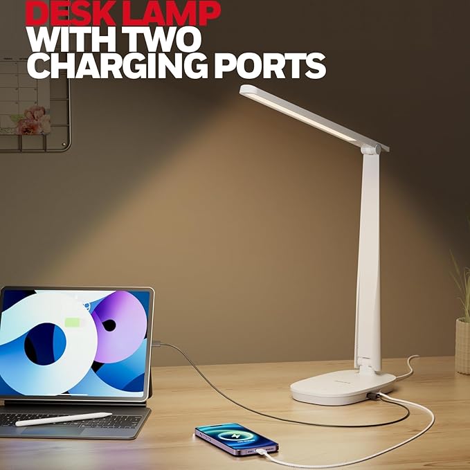 Honeywell HWT-H2 LED Desk Lamp, CRI94 Full Spectrum Eye-Caring Table Light, Foldable Dimmable 4 Color Modes with USB A+C Charging Ports for Home Office Bedroom Reading Study Work (White)