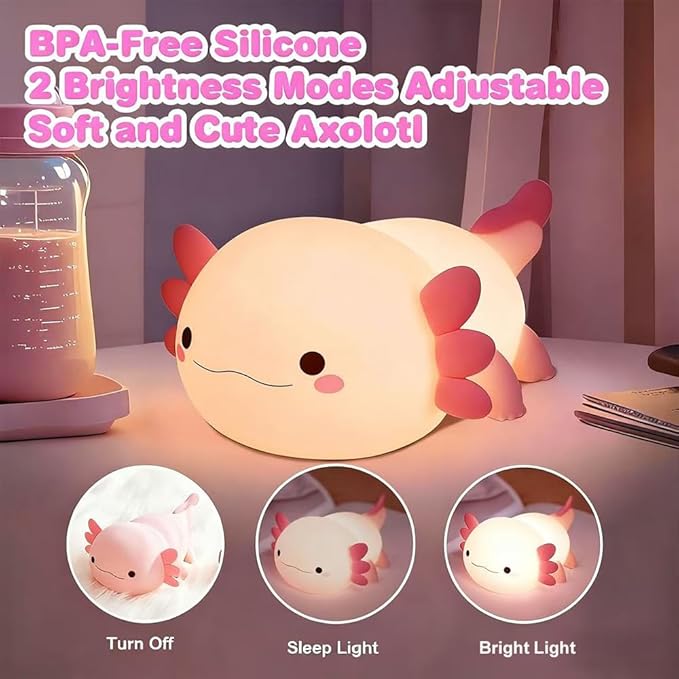 Cute Axolotl Night Light for Kids Bedroom, Animal Silicone Nursery Night Lamp Touch Control Nightlights USB Rechargeable Bedside Lamp for Baby Children Toddlers Girls Gift (Pink Axolotl+1)