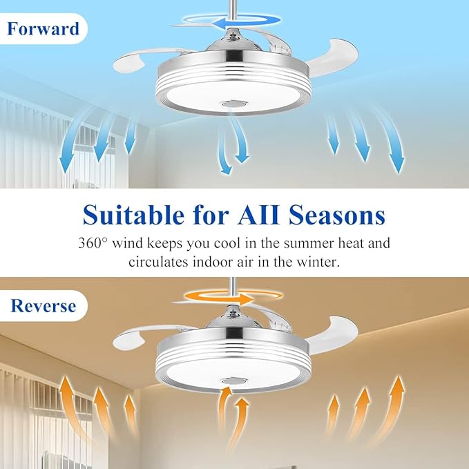 42 inch Retractable Ceiling Fan with Lights and Remote Control, 6Speed Dimmable Fandelier, Modern Smart Ceiling Fan Light with Bluetooth Speaker, RGB Color Reversible Bedroom Living Room