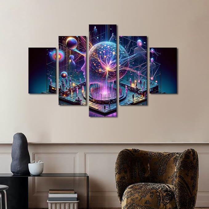 5 Panel Human Brain Wall Art for Living Room Artificial Intelligence Canvas Picture for Bedroom Wall Decor Neural Network Painting House Decorations for Room Office Posters and Prints 60"Wx40"H