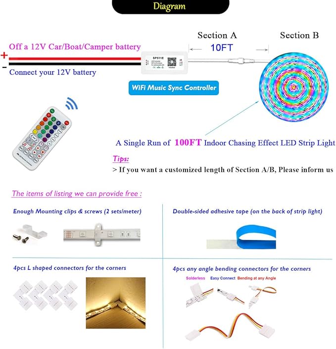 100FT 12V Indoor Chasing Effect LED Strip Light, Pixel Addressable WS2811 RGB LED Strip Light Kit with WiFi Music Sync Controller for Dining/Liveing Room, Kitchen