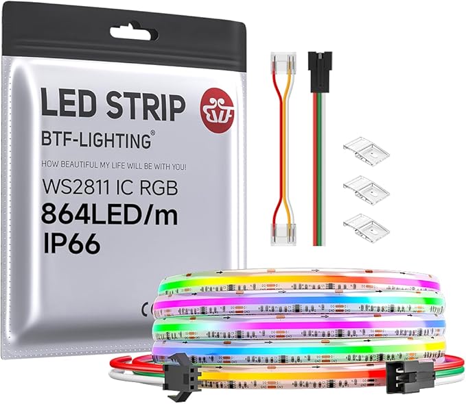 BTF-LIGHTING FCOB IP66 WS2811 IC RGB COB LED Strip 864LED/m Flexible High Density Color Chasing Uniform Light DC12V 9.8FT 24IC/m 12mm Width for Lighting Project(No Adapter or Controller)