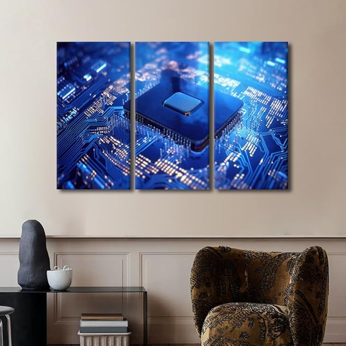 3 Pieces Wall Art Circuit Board Canvas Painting Semiconductor Chip Pictures Wall Art Framed Art Prints on Canvas Wall Decor Stretched Ready to Hang Posters and Prints, 60" Wx40 H