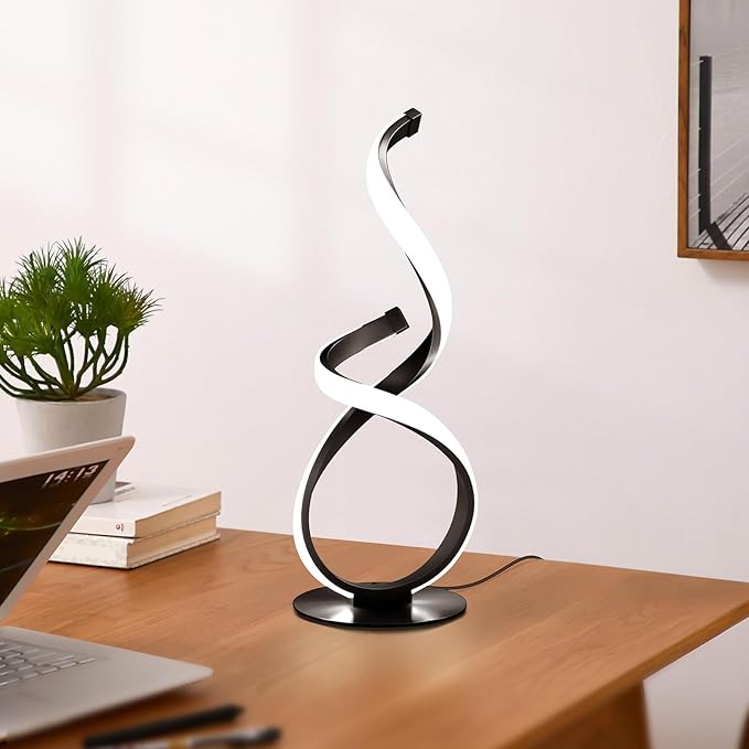 Modern Touch Lamp for Nightstand, Spiral LED Table Lamp, Dimmable 3 Color Temperature Night Stand Desk Lamp, Unique Bedside Light for Living Room, Bedroom, Cool Lamps for Ideal Gift, Black