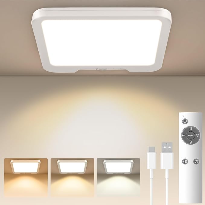 USB C Rechargeable Motion Sensor Ceiling Light 550LM with Remote, 3000K 4000K 6000K Magnetic No Wiring LED Ceiling Light Battery Powered for Shower Stairs Hallway Porch Pantry Garage Patio Shed