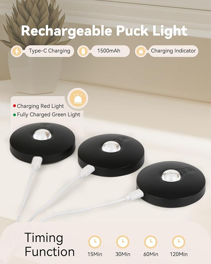 Rechargeable Puck Lights, 12-Pack LED Tap Lights with Remote, 1500mAh Battery, Dimmer & Timer, Wireless Stick-On Under Cabinet Lights for Closet, Bedroom, Kitchen, Black