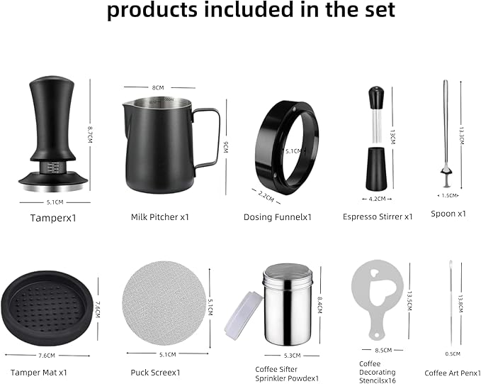 25 PCS Espresso Accessories - 51mm Coffee Tamper Set, with Tamper, WDT Tool,Stirrer, Frothing Pitcher, Latte Art Pen, Tamper Mat, Stencils for Machine, Dosing Funnel, Coffee Sifter Sprinkler Powder