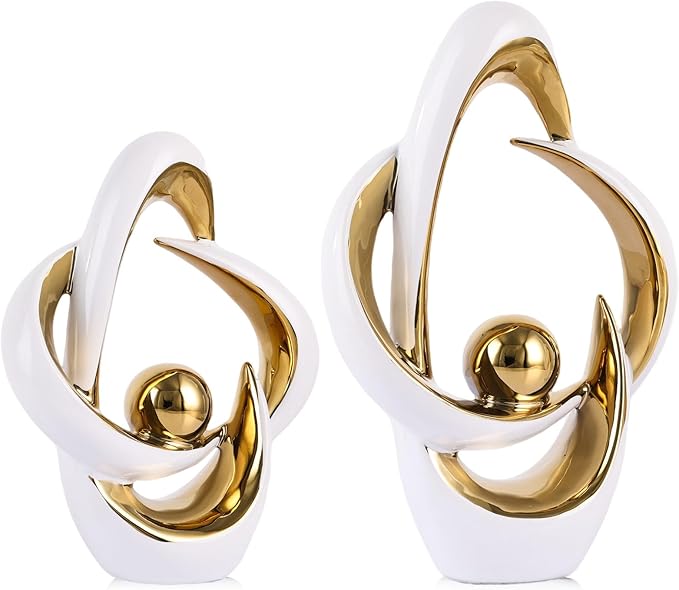 2PCS Home Decor Accent Ceramic Statue Abstract Sculptures Centerpieces Mid Century Modern Decor for Tables Coffee Table top Decorations for Living Room Desktop Shelf Dining Room Kitchen (White Gold)