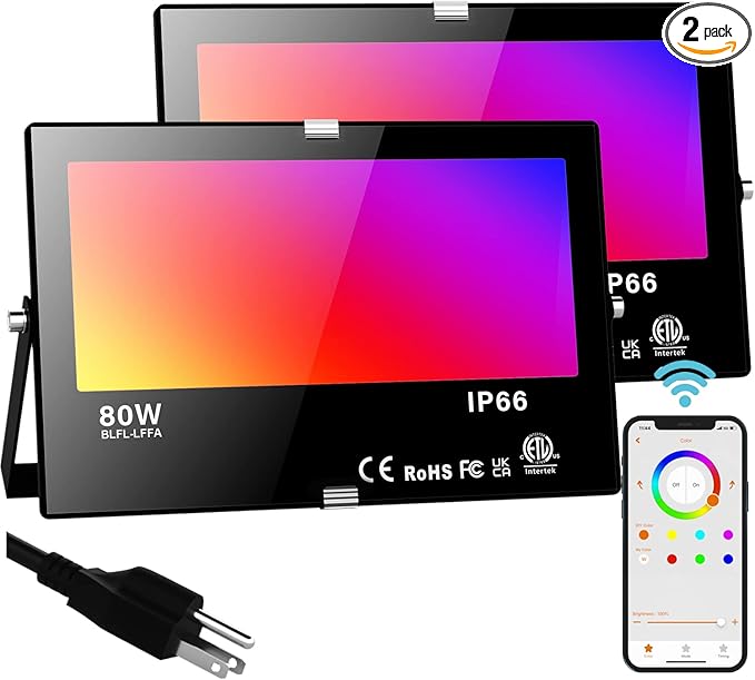 LED Flood Light Outdoor 800W Equivalent, Bluetooth Smart Color Change Landscape Lighting, DIY-Scene+RGB Colors+Warm White 2700K - APP&Group Control & Timing IP66 Waterproof US 3-Plug Up Light 2Pack
