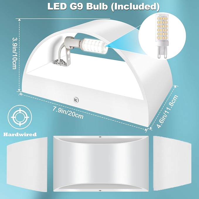 4 Pack White LED Wall Sconce Hardwired Indoor Wall Lights Up and Down Wall Mount Light for Living Room Bedroom Corridor Hallway Conservatory Cool White 6000K(with G9 Bulbs)