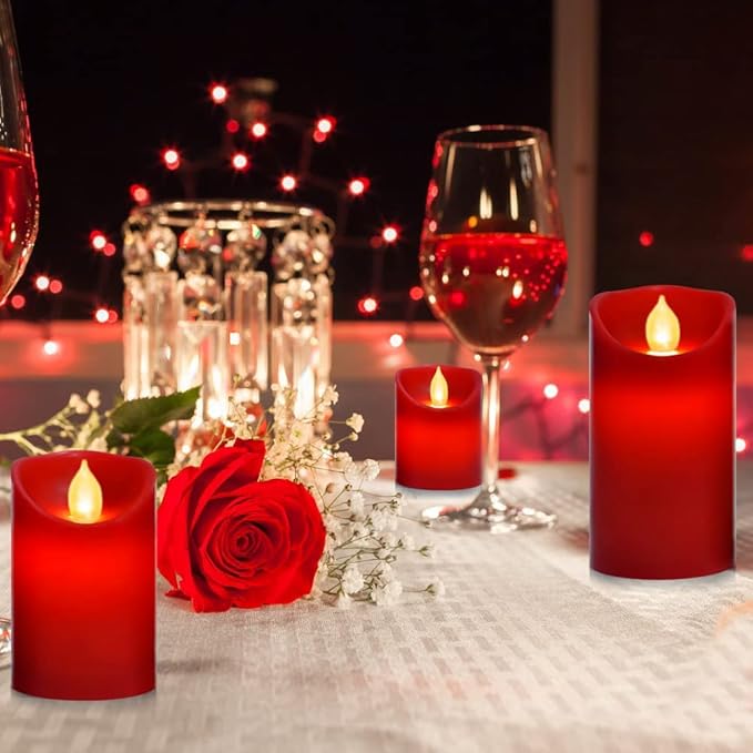 Nancia Flameless Battery Operated Flickering Candles:3PACK Red Real Wax Pillar Candle,Electric LED Candle with 10-Key Remote Control and 24 Hours Timer for Home Decoration Holiday Party