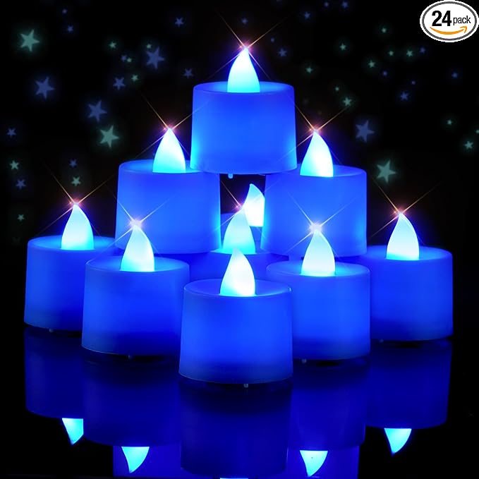 Amagic 24 Pack Blue LED Tea Lights, Flameless Votive Candles, Electric Fake Colored Candles, Battery Operated Tealights Candles for Halloween, Christmas, Home Decor, Wedding Table Centerpiece, Party