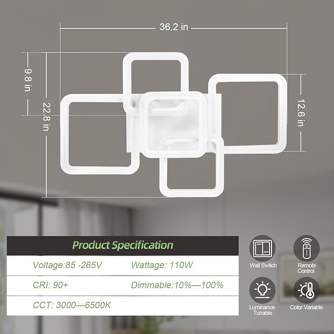 Modern LED Ceiling Light 5-Square Dimmable White Flush Mount LED Flower Ceiling Light with Remote for Living Room