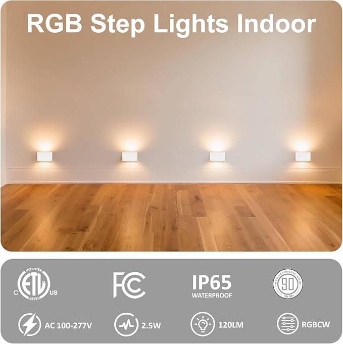 RGB Step Lights Indoor, 100V-277V Dimmable 2.5W, Wired LED RGB Color Changing Stair Night Lights for Bedroom/Step/Hallway/Aisle/Christmas/Halloween, Up Down, 10 Color, ETL, White, 6Pack
