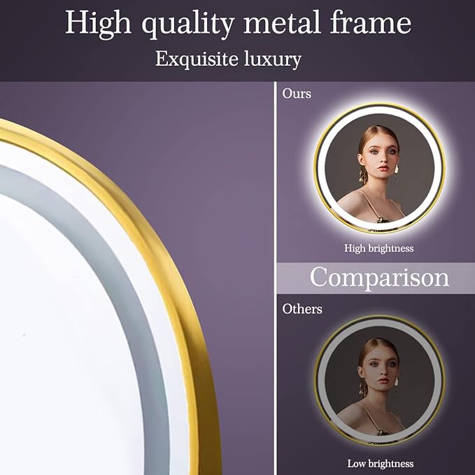 24 Inch Gold Frame LED Round Mirror with Lights Smart Memory 3 Color Dimmable Anti-Fog Gold Framed Round Lighted Mirrors for Bathroom Wall Makeup Golden Circle Round Vanity Mirror with Light