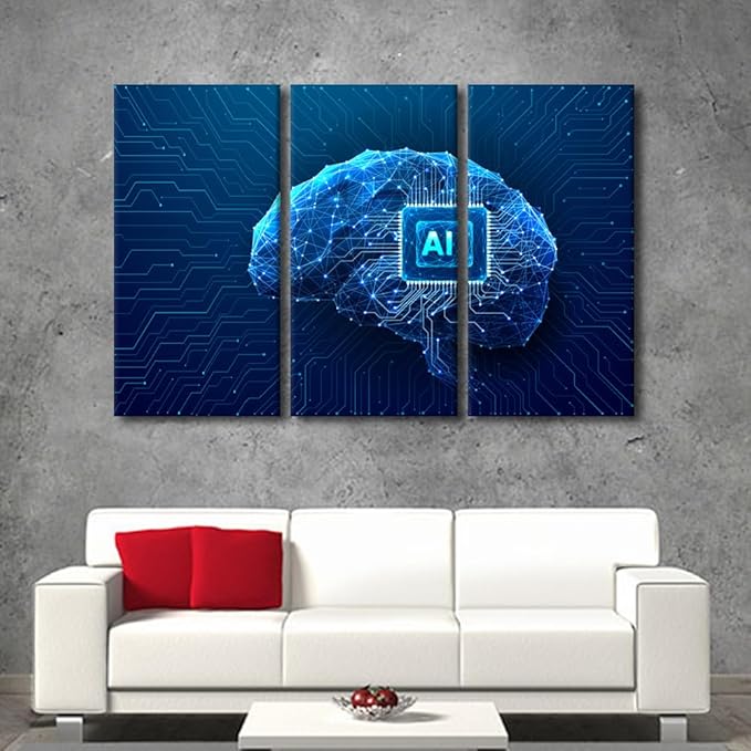 3 Panels Canvas Wall Art Chip Integral Painting Prints on Canvas Wall Art Technology Brain Pictures Giclee Artwork for Home Walls Technology Posters Gallery-wrapped Framed Ready to Hang, 60"Wx40"H