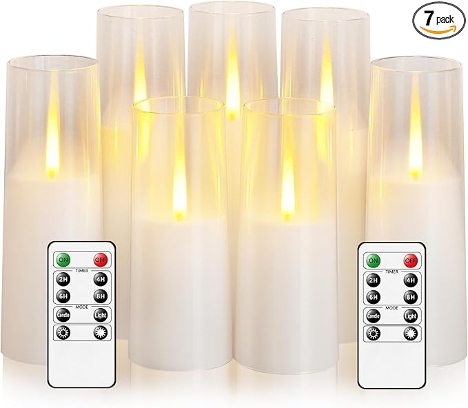 Flameless LED Candles Upgraded Realistic Flickering Flame,7Pcs Battery Operated Candles with Remote Timers,LED Pillar Candles for Home Decor,Christmas,and Parties（White）