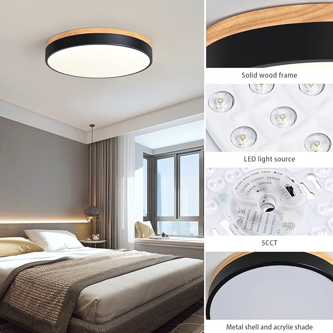 Modern Wood Flush Mount Ceiling Light, Black LED 5CCT 2700K-6000K Dimmable Ceiling Light Fixtures, Round Close to Lighting Fixture for Kitchen Living Room Dining Room Bedroom-15.8in