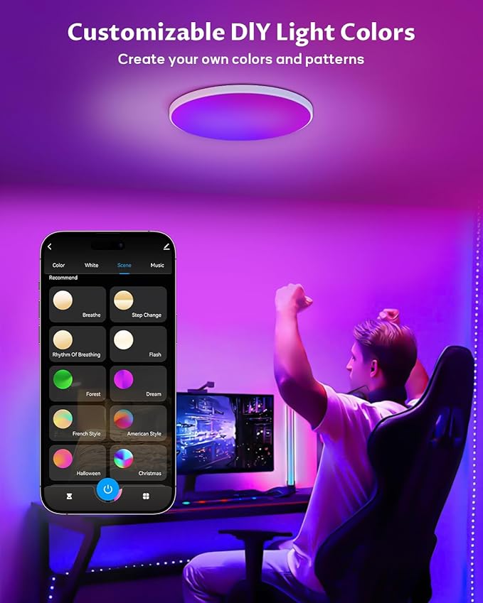 Smart LED Ceiling Light WiFi, 12inch RGB Flush Mount Ceiling Light Fixture, 16 Million DIY Colors, Compatible with Alexa Google Home, 3000K-6500K Ceiling Lights for Bedroom Living Room