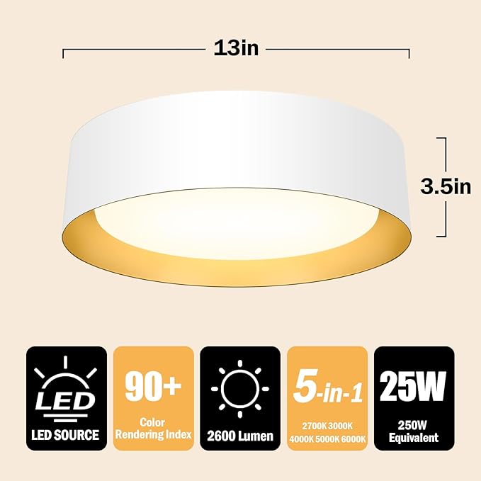 BrightHome Flush Mount Ceiling Light White, 13in 2600LM 25W, LED Ceiling Light Fixture 5CCT 2700K 3000K 4000K 5000K 6000K, Dimmable Ceiling Lamp for Bedroom Hallway, 2 Packs, White and Gold