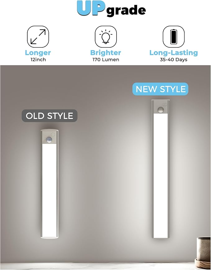ASOKO Under Cabinet Lights Motion Sensor Light Indoor 2500mAh Rechargeable LED Closet Lights Battery Operated Under Counter Lights for Kitchen Cabinet Lighting Wireless(White,3Pack-12inch)