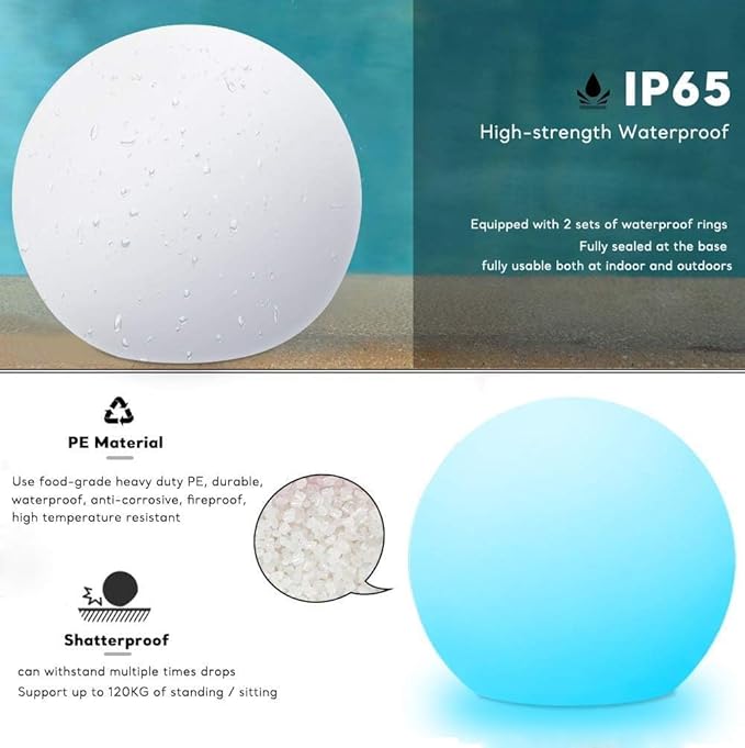 10 inch Rechargeable LED Ball Light, Dimmable LED Globe Light w/Remote, 16 RGB Colors Changing LEDs Globe Mood Lights, IP65 Waterproof Floor Lamp for Backyard Patio Garden Wedding Party Home