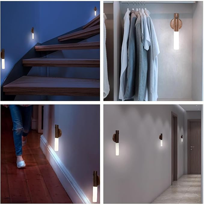 Wall Sconces, Smart Portable Sensor Night Light Wood USB Rechargeable Magnetic Night Light for Bedroom, Hallway, Stairway Wall Induction lamp (Walnut Wood 2PCS)