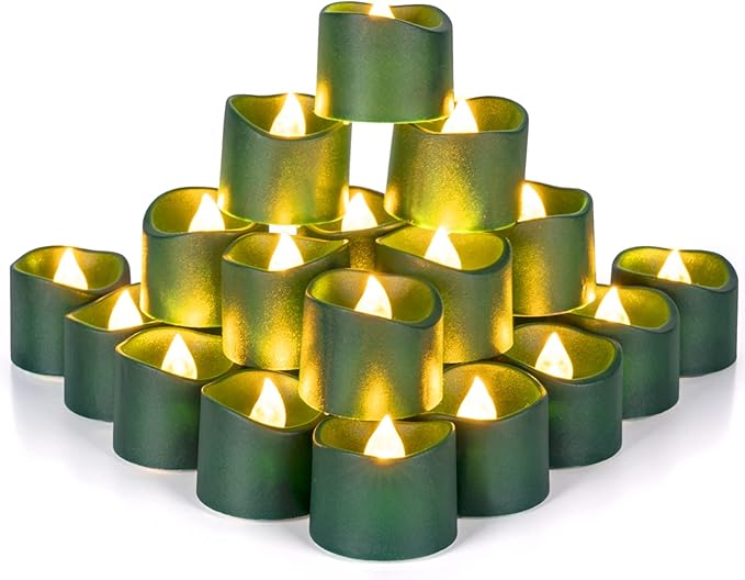 Homemory Green Tea Lights Candles Battery Operated, 200+Hour Flameless Flickering Fake Electric LED Colored Tealights for St. Patrick's Day, Christmas, Theme Party, Seasonal Celebrations, 12-Pack