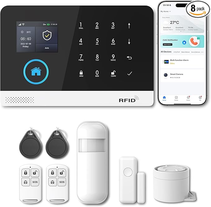 PGST Home Security Systems for House, Wireless Home Security Alarm System, Door/Window Sensor Motion Sensors with App Alert, WiFi+GSM 4G Home Alarm System No Subscription（103-A）