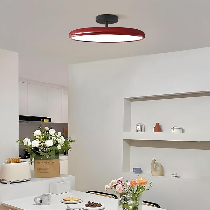 KCO Lighting Modern Red Ceiling Light Fixture Large Industrial Black Flush Mount LED Pendant Lamp Mid Century Flat Rustic Semi Flush Mount Ceiling Light for Porch Hallway Entryway