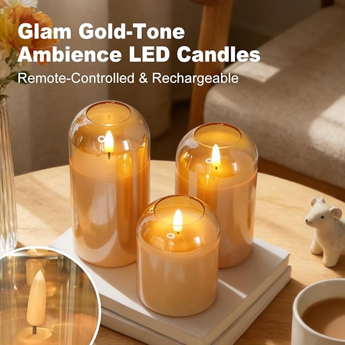 3Pcs LED Candle Set Rechargeable with Remote Control,Clear Glass Flameless Candles,Candle Lights for Home Decor, Bedroom, Bathroom Accessories，Pumpkin Fake Candles for Halloween
