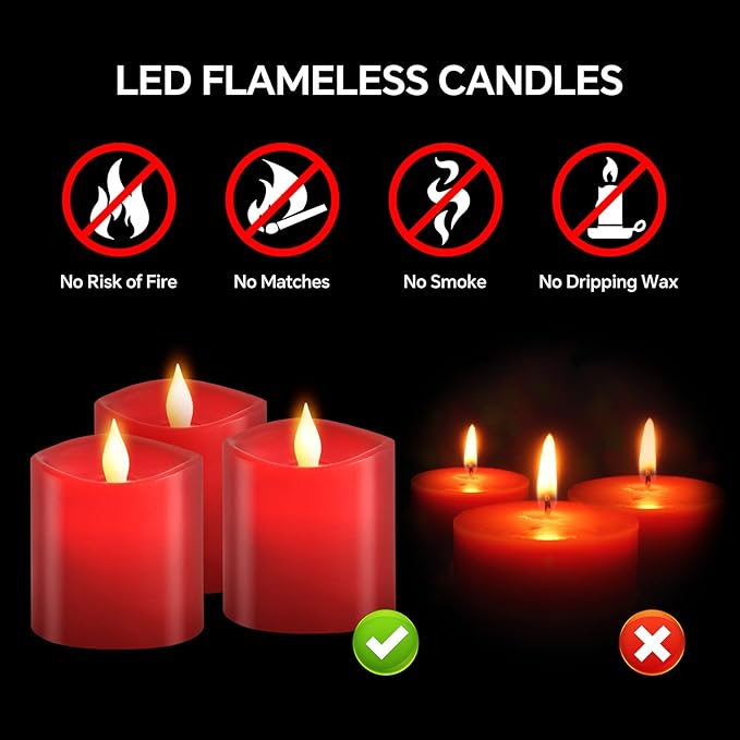 3x3 Flickering Flameless Candles Set of 3, LED Battery Candles,with Timer, 3 inch Flameless Candles with Remote, for Holiday Home Decor,Red