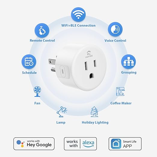 EIGHTREE Smart Plug, Smart Home WiFi Outlet Compatible with Alexa & Google Home, Smart Socket with Remote Control & Timer Function, 2.4GHz WiFi Only