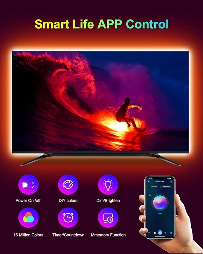 GUPUP Color Changing Bluetooth LED Lights for TV, Smart App Control with 20ft Strip - USB Powered Backlight for Bedroom, Gaming Room, PC, Mirror, Fits 85-100 Inch TVs,20ft