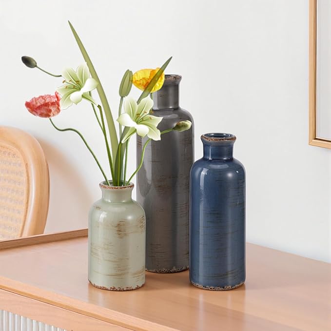 Small Ceramic Vase Set of 3, Boho Modern Flower Vase Room Decor, Farmhouse Decor, Vases for Your Kitchen, Bathroom, Bedroom, Living Room, Office&Shelf Centerpiece Table Decorations