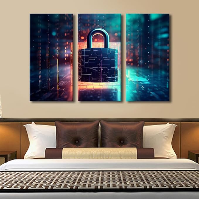 TUMOVO 3 Panel Cyber Security and Data Protection Concept Pictures Print On Canvas for Home Office Hotel Wall Decorations, Internet Security Artwork Stretched Framed Ready to Hang, 60" Wx40 H