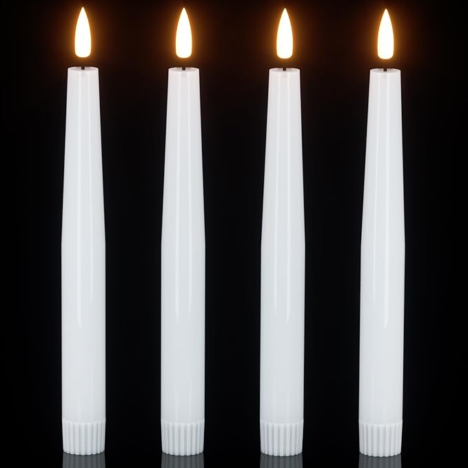 Flameless Taper Candles, Real Wax Flickering Taper Candles Battery Operated with 6H Timer, 4 Pcs White LED Flameless Candlesticks for Halloween Christmas Holiday Wedding Decor