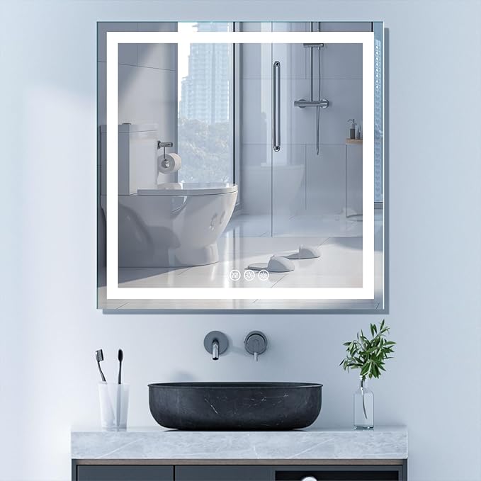 Led Bathroom Mirror with Light 36"x36" Frameless Lighted Vanity Mirror Wall Mount, Fogless, 3 Color Mode, Stepless Dimmable Front Light and Backlit, Smart Touch Sensor, Tempered Glass