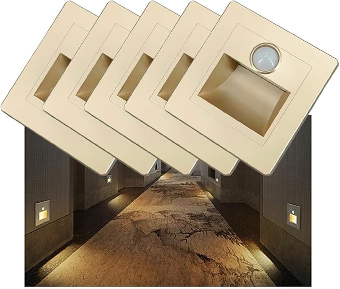 5Pcs Recessed LED Stair Light 3W 3000K Step Light Motion Sensor Night Lighting Wall Light Staircase Lamp Inside Staircase Bedroom Decoration Gold