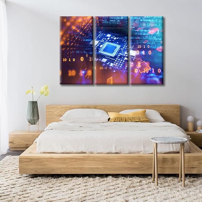 TUMOVO CPU Concept Poster Canvas Wall Art Computer Processors CPU Pictures Black and White Wall Art 3 Panel Motherboard Digital Chip Bedroom Posters and Prints Framed Ready to Hang (42" Wx28 H)