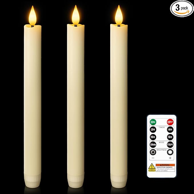 Homemory 3 Pcs Waxy Flameless Taper Candles with Remote, Flickering Battery Operated Taper Candles, Led Flameless Candlesticks Classic Tall Candle for Home, Wedding, Party, Ivory, 9.6 inches