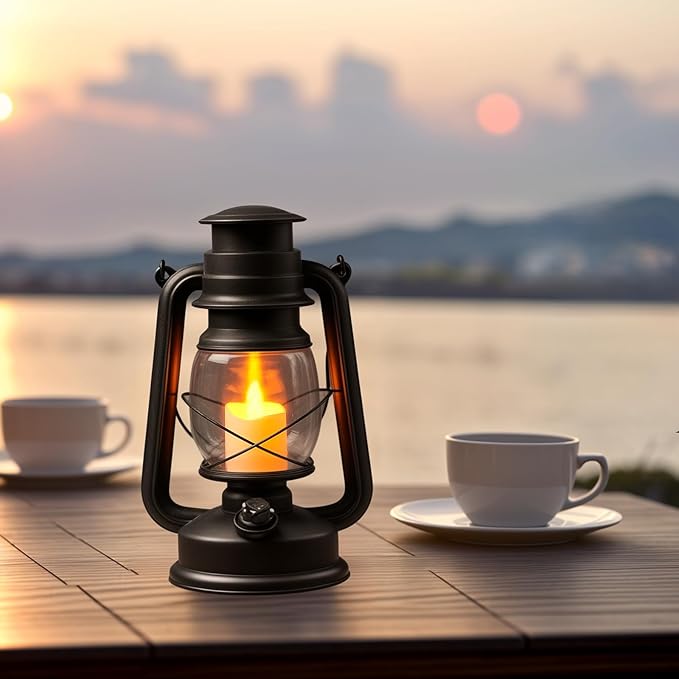 2-Pack Vintage LED Lanterns with Moving Flame Flickering- 9.5" Decorative Flameless Battery Operated Lamps with Timer for Outdoor Garden, Patio & Indoor Decor - Bronze