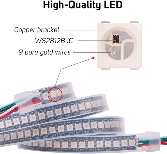 BTF-LIGHTING WS2812B IC RGB LED Strip,UL Listed,Pure Gold Wires,DC5V 3.28FT 144LED 5050SMD,Individually Addressable,Flexible for DIY Chasing Full Color Project,IP67(No Adapter or Controller)