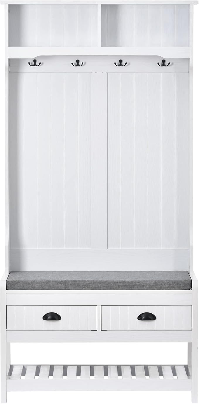 Hall Tree with Shoes Bench, Entryway Coat Rack with Storage Shelves and Drawers, 33.5''W Coat Hanger for Entrance, Hallway (White)